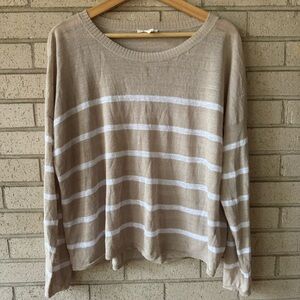 Eileen Fisher Fine Linen Striped Beige and White Long Sleeve Crepe Top